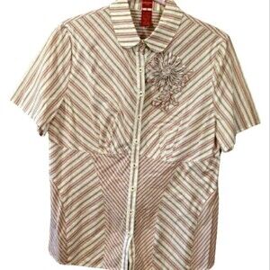 Olsen Europe Red White Striped Button Down Blouse Shirt Cotton Blend Size 12